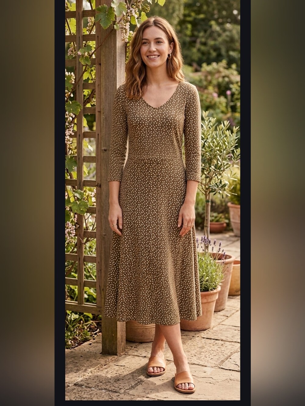 Pact Organic Cotton Brown White Fit Flare Midi Dress Medium